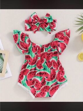 Watermelon Print Baby Romper with Headband